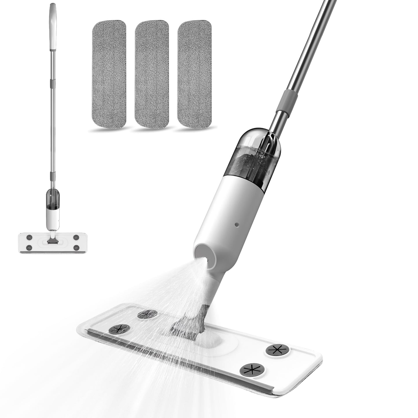 Kickleen Microfiber Spray Mop for Floor Cleaning-350ml Refillable Bottle and 3X Washable Replacement Pads Multifunctional Dust Mop for Kitchen Wood Floor Hardwood Laminate Ceramic Tiles White