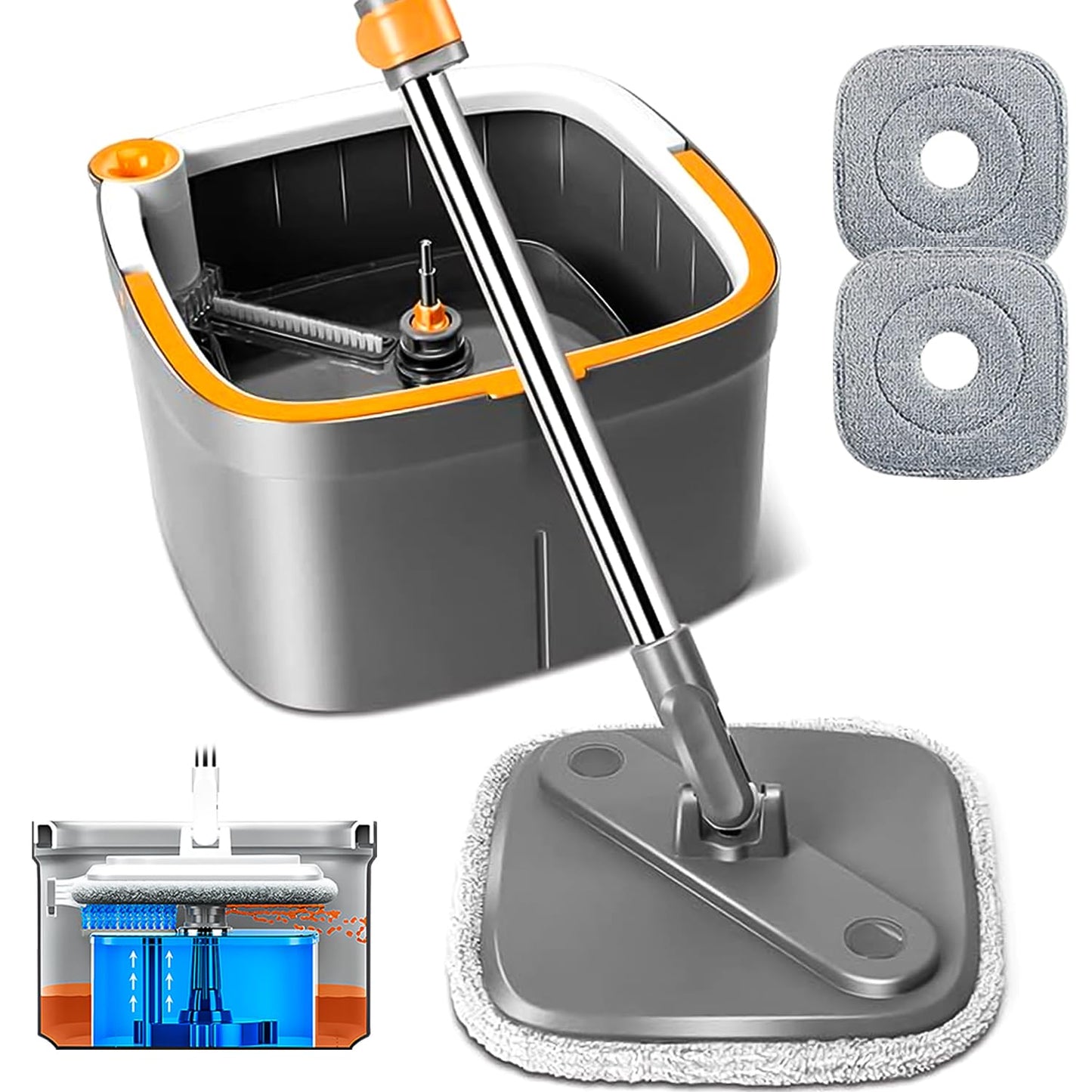 INWEJIA Spin Mop and Bucket Set with Self Separation System 360° Spinning Self-Wringing Square Clean Mop and Bucket with Wringer-with Replaceable Mop Cloths-6Pads-Drak Gray